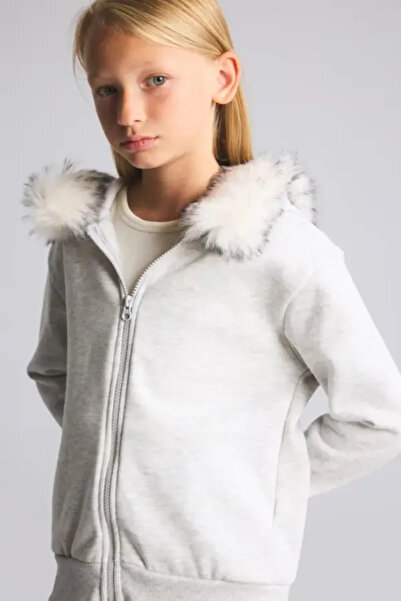 DeFacto Furry Hooded Basic Zippered Cardigan Sweatshirt for Girls I6883A826Au