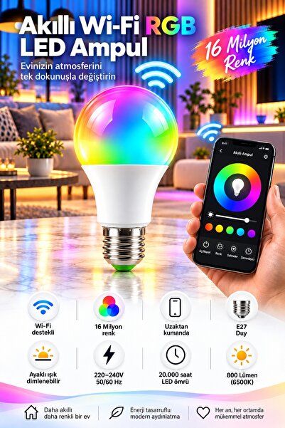 Aryes Wi-Fi Akıllı LED Ampul E27 10W RGB 16 Milyon Renk 800 Lümen Enerji Sını...