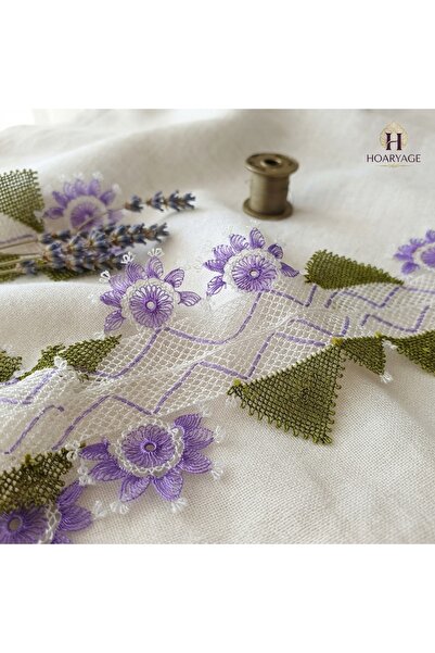 hoaryage El İşçiliği İğne Oyası Mor Çiçekli Havlu Kenarı Takımı 2 Parça (50 c...