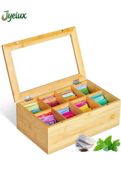 Generic Bamboo Tea Bag Organizer, 8 Compartments Tea Holder with Clear Lid, M...