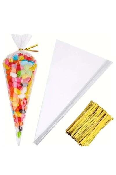 Generic 50PCS Transparent Cellophane Cone Treat Bags with Gold Twist Ties for...