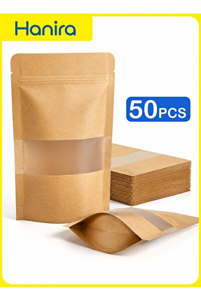 Generic 50PCS Kraft Paper Stand Up Pouches With Clear Window Resealable Food ...