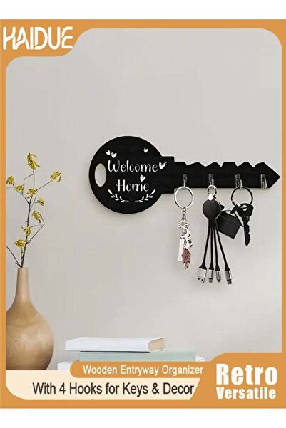 Generic Key Shaped Welcome Home Wall Key Holder - Wooden Entryway Organizer W...