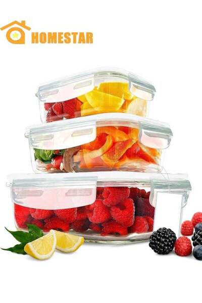 Generic 3 Pack Glass Kitchen Meal Prep Containers With Lasting Snap Locking L...