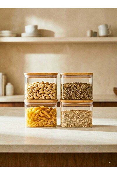 Generic Rectangle Glass Storage Containers with Bamboo Lids – 900ml, Set of 4