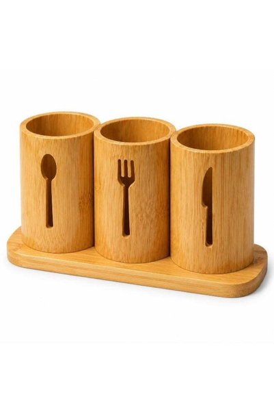Generic Natural Bamboo Cutlery Holder with 3 Compartments, Drainage Holes and...