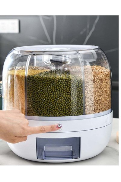 Generic 360° Rotating Dry Food Dispenser White 6-Grid 12 Lbs Round Cereal Dis...