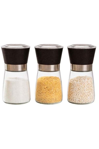 Generic 3 Pack Glass Jars Salt & Pepper Grinder Set Refillable Glass Mills St...