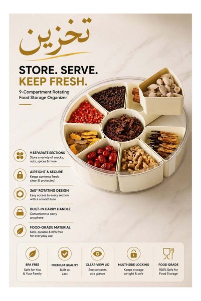 Generic 9-Compartment Rotating Food Storage Organizer with Airtight Lid and C...