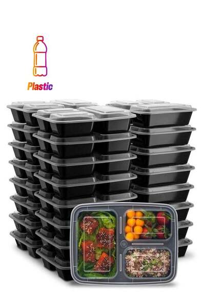 Generic Pack of 10 3 Compartment Meal Prep Containers with Lids Black