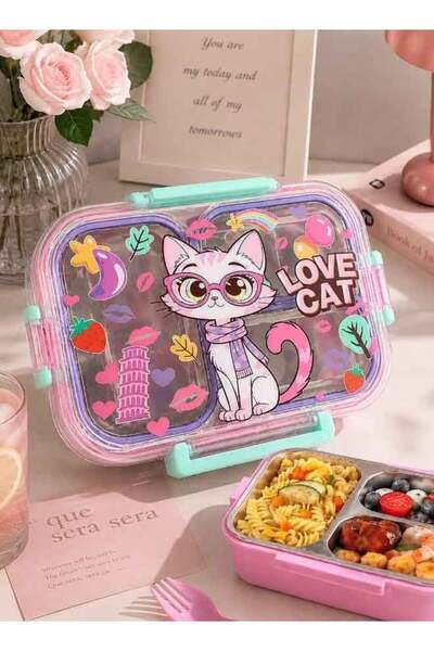 Generic Cute Cat Lunch Box for Kids, 304 Stainless Steel 3-Compartment Bento ...