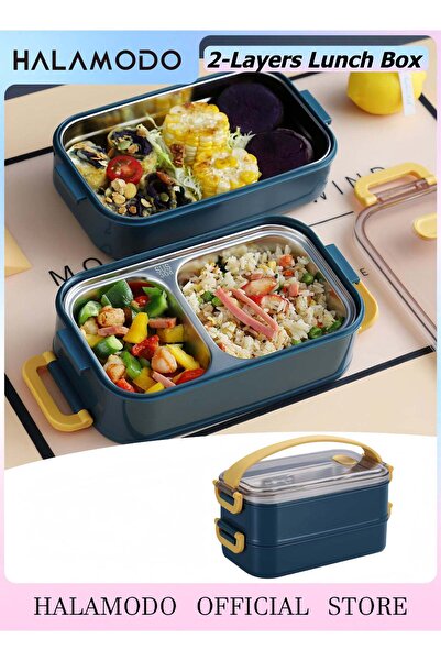 Generic Stainless Steel Blue Bento Lunch Box Divider 22x11x12 cm 1600ml