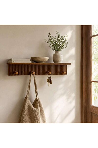 Generic Berie Wood Modern Shelf With Hooks 45.6x10x10cm - Brown - 196AIC9904779