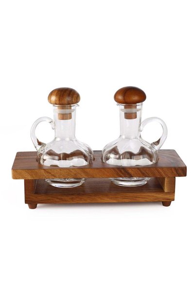 Generic Billi Oil and Vinegar Dispenser Set with Wooden Stand, Brown & Clear,...