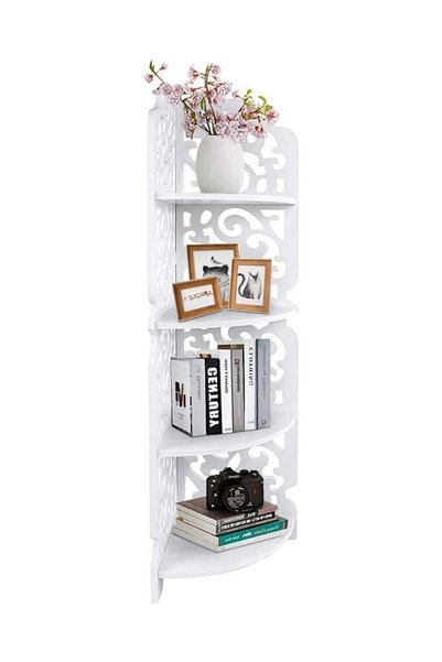 Generic Greensen White Corner Shelf with 4 Shelves - Carved Hollow Design for...