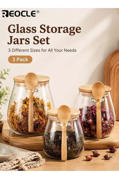 Generic 3pcs Sealed Glass Storage Jar Set with Spoon Airtight Container for C...
