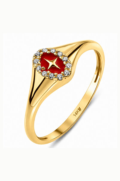 KAIROS JEWELRY 14 Ayar Altın Kırmızı Mineli Mühür Yüzük