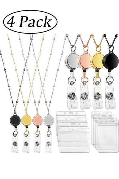 Generic 4 Pack Retractable ID Badge Lanyards with 8 Pcs ID Card Holders Stain...