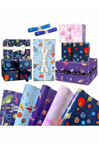 Generic 5 Sheets Outer Space Wrapping Paper Set for Kids, Eco-Friendly Birthd...