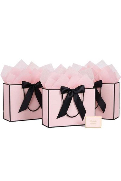 Generic 3 Pcs Pink Large Gift Bags, Paper Bags with Ribbon, Greeting Cards an...