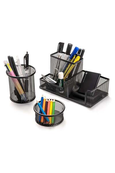 Generic 3-Piece Black Metal Mesh Multifunctional Pen Holder Set – Round Steel...