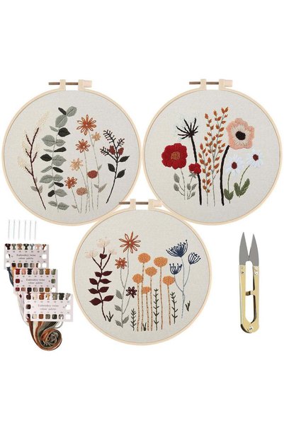 Generic 3 Pack Embroidery Starter Kit: Stamped Cross Stitch Kits with Flowers...
