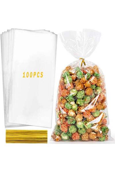 Generic 100 Packs 5"x11" Clear Plastic Cellophane Bags With 4" Twist Ties Goo...