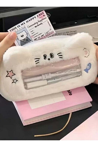 Generic Large-Capacity Plush Cat Pencil Case, Cute Cat Ear & Pink Star Design...