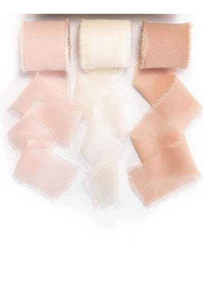 Generic Hand-torn chiffon ribbon tassel bow band, Beige+Pink+Snow bud