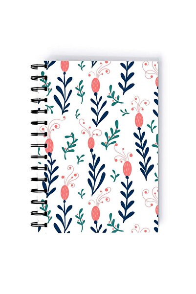 Generic Spiral A5 Notebook Pattern Motifs Flowers on Stems Pink and Blue