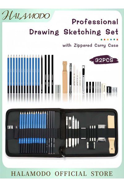 Generic 32-Piece Professional Drawing Kit Sketching & Charcoal Pencils Set wi...