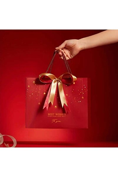 Generic [1 Pcs] Medium Red Gold Star Gift Bag with Satin Bow, BEST WISHES Lux...