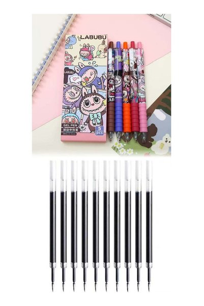 Generic LABUBU 5 automatic pencils and 10 black automatic pen refills