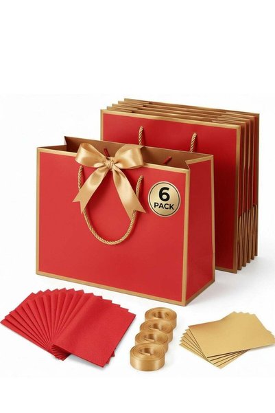Generic 6-Pack Luxury Small/Medium Red Gift Bags with Gold Trim (28×10×20 cm)...