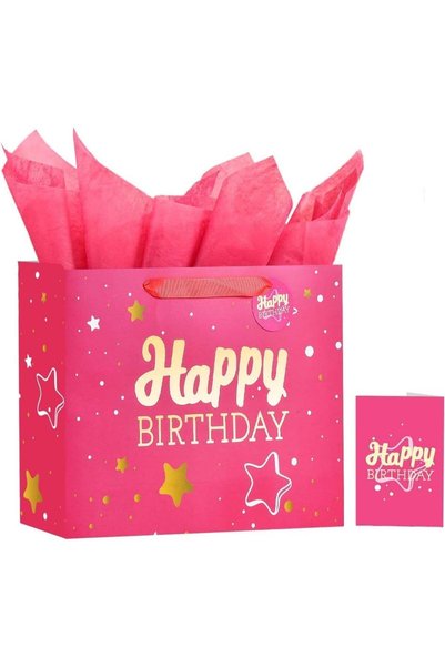 Generic Pink Happy Birthday Gift Bag with Tissue Paper and Greeting Card for ...