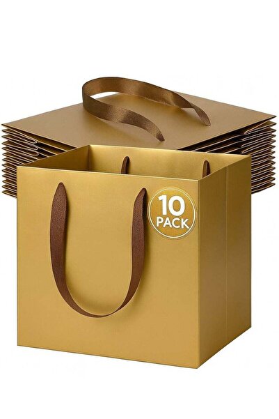 Generic 10-Pack Luxury Gold Square Gift Bags – 25×25×25 cm, 300gsm Kraft Pape...