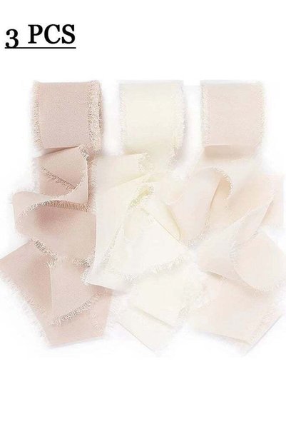 Generic 3 Rolls Handmade Fringe Chiffon Silk Ribbon 1 1/2 Inch x 7Yd Nude & W...