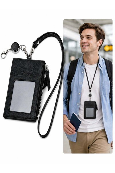 Generic PU Leather ID Badge Holder with Wrist Strap, Zipper Card Wallet with ...