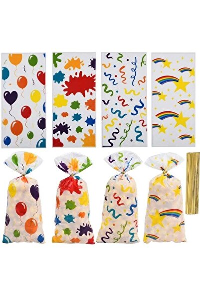 Generic 100PCS Kids Birthday Treat Bags, Colorful Cellophane Candy Goodie Gif...