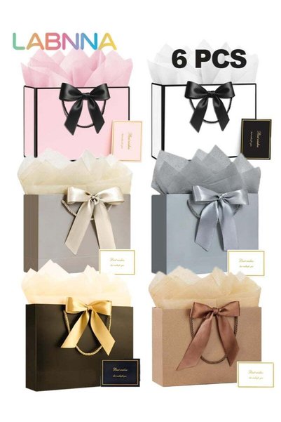 Generic 6 Pack Gift Bags Medium with Handles with Ribbon Card and Tissue Pape...