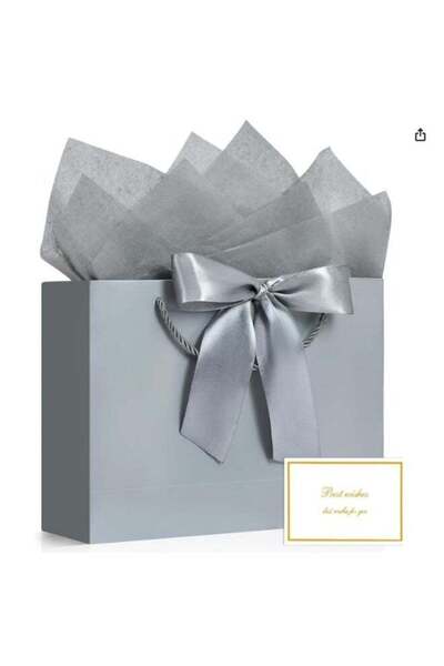 Generic 2 Pcs Medium Silver‑Gray Gift Bags with Ribbon, Greeting Cards & Tiss...