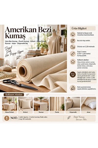 TAHT Amerikan bezi, ham bez, kumaş, 220 cm, masa örtüsü, kırlent, runner, per...