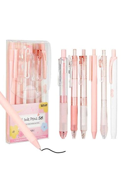 Generic 6pcs Macaron Pink Retractable Gel Pens Set, 5 Pack 0.5mm Black Ink Ba...