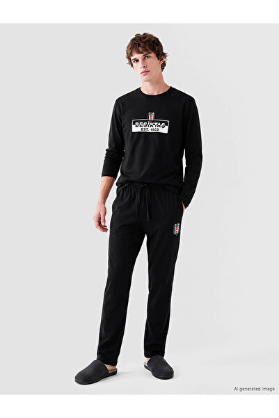 LC Waikiki Black Regular Fit Beşiktaş Printed Men's Pajama Set