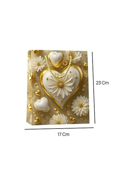 Generic Golden Heart And White Flower Printed Kraft Paper Gift Bag- 17X23cm