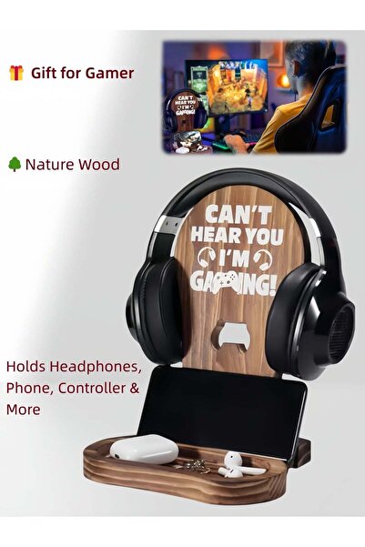 Generic Wooden Headset Stand with Controller & Phone Holder | Desk Organizer ...