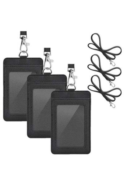 Generic 3 Pack PU Leather ID Badge Holder with Lanyard, 1 Clear ID Window and...