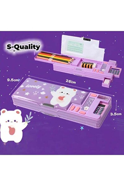 Generic Purple Bear Pencil Case with Calculator, Built-in Sharpener and Sched...