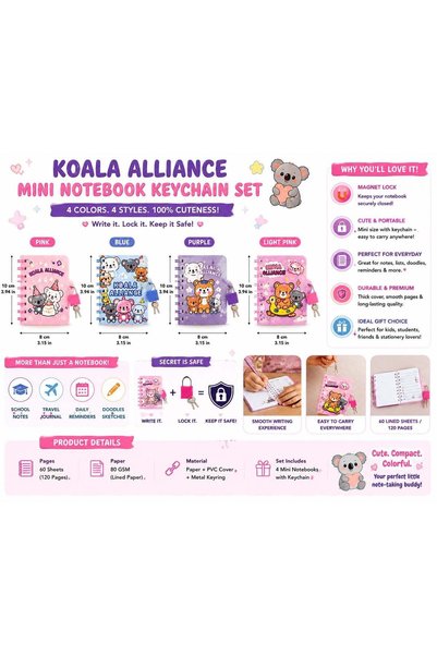 Generic Cat Day Secret Diary Notebook Set – 4 Cute Lock Mini Notebooks with K...