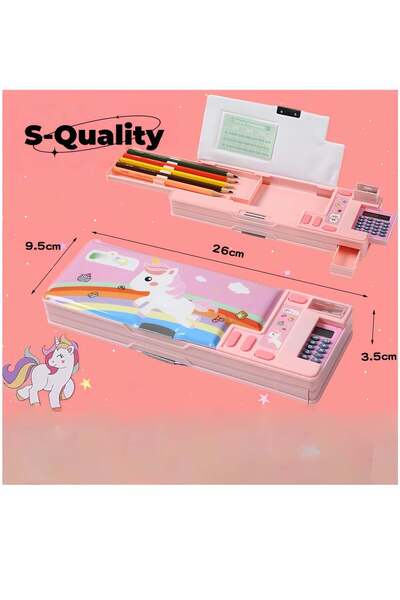 Generic Pink Unicorn Pencil Case with Calculator, Built-in Sharpener and Sche...